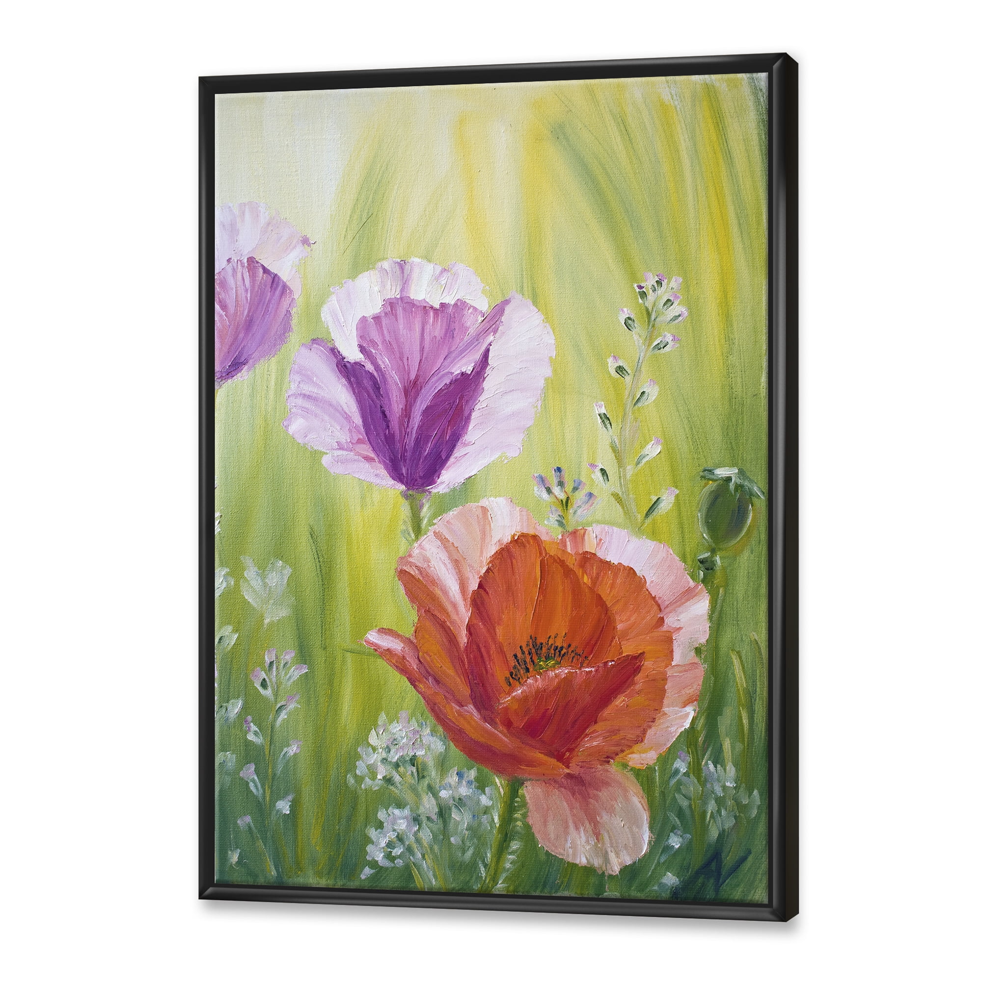 Designart 'Poppies In The Morning In Wild Green' Traditional Framed Canvas Wall Art Print