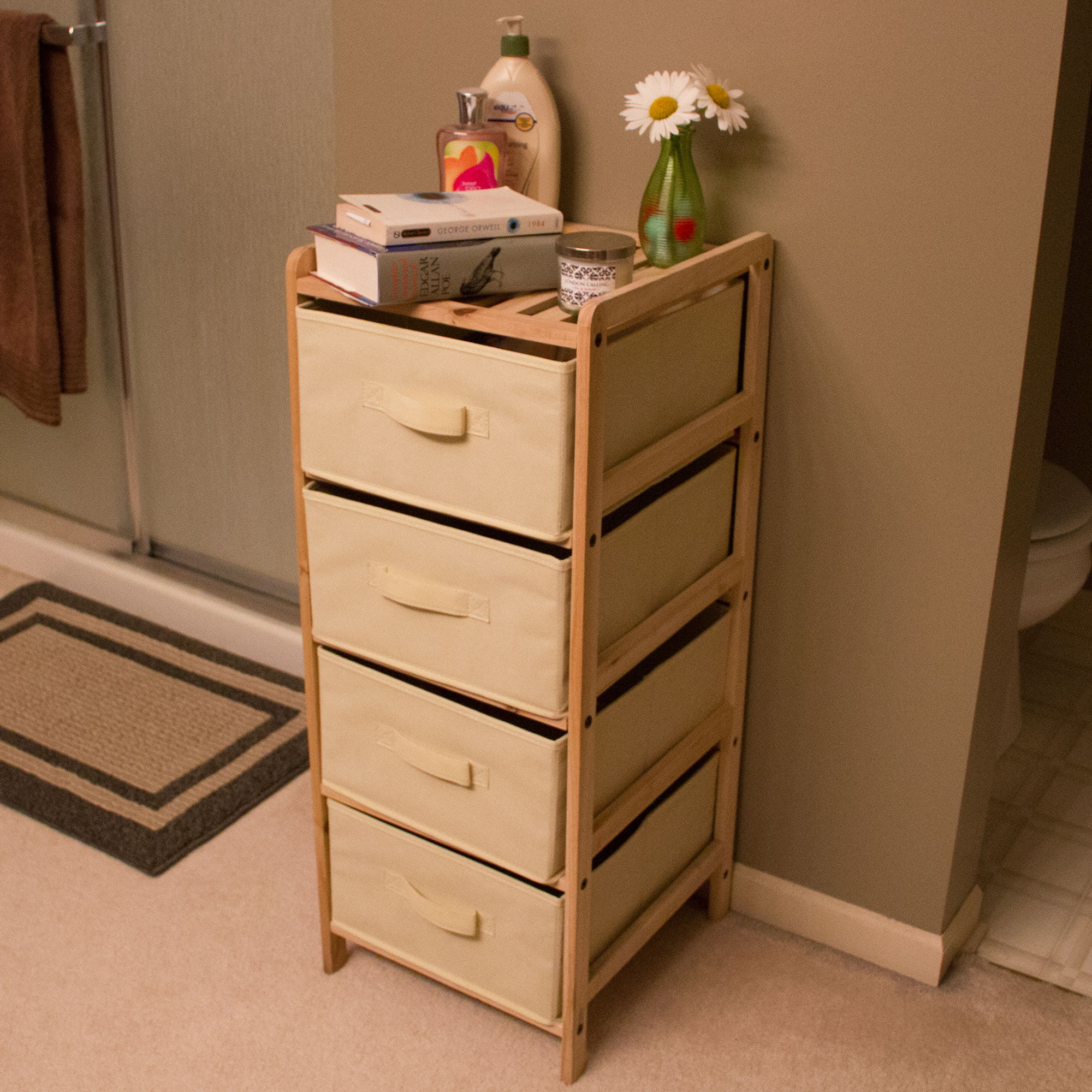 Organization Drawers With Natural Wood Shelf And Four Fabric Storage