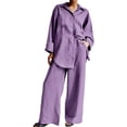 thumbnail image 2 of Baqcunre Cotton Linen Outfits Dressy Business Work Suits Button Down Tops and Pants Suit,Size 5XL,Two Piece Sets for Women,Outfits for Women,Lounge Sets for Women,Womens Pajama Sets,,Purple, 2 of 4