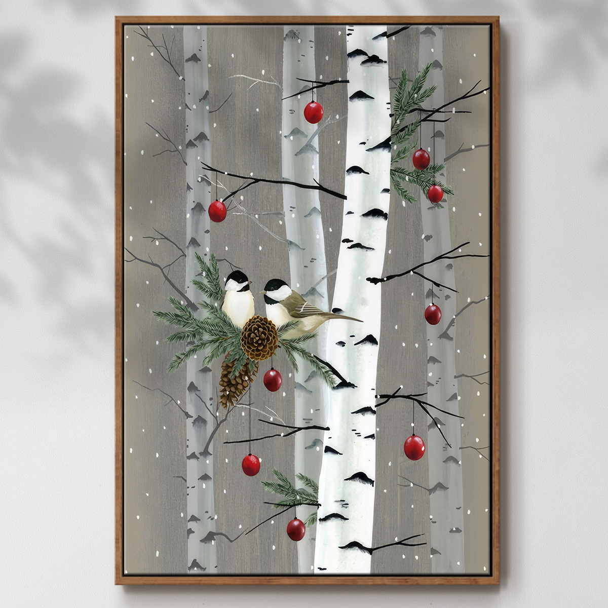 Birch Birds II - Framed Gallery Wrapped Holiday Canvas - 17 x 25 - Rosewood Frame