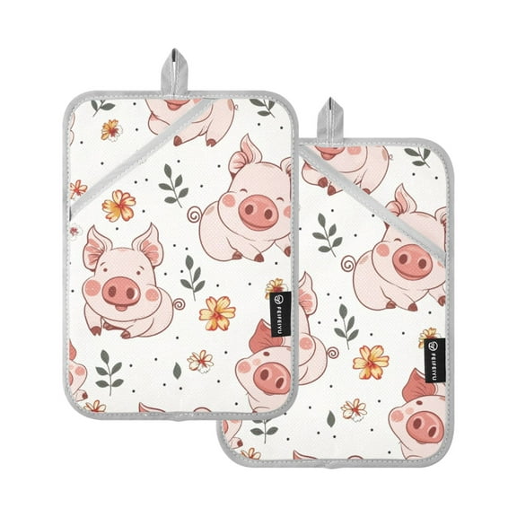 Cute Pig Flower Leaf Oven Mitts 2 Pcs Pot Holders Sets Heat Resistant for Kitchen Cooking Baking 7"x9.8"