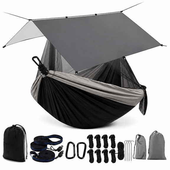 Black/Grey Bundle 78"W*118"L Double Camping Hammock with Rain Fly and Net