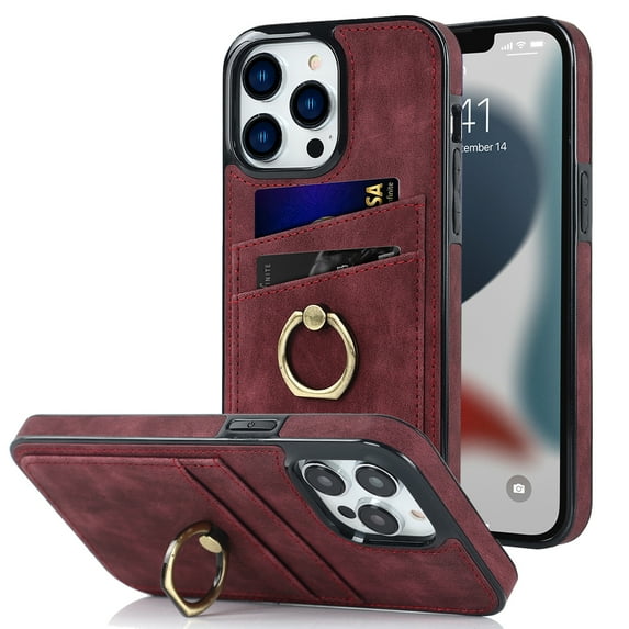 Allytech Phone Case for Apple iPhone 13 Pro 6.1 inch,Retro Leather Portable Finger Ring Kickstand Card Slots Shockproof Protective Cover,Winered