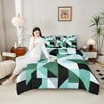 thumbnail image 4 of Manfei Geometric Abstract Queen Comforter Set, Green Square Rectangle Bedding Comforter Set, Teen Kid Child Adult Reversible Bedding Set, Luxury Bedroom Decor, 3 Pieces, 4 of 8