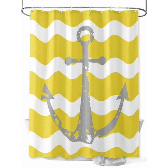 Shower Curtains for Bathroom-72"x72", Ocean Nautical Anchor on Wave Waterproof Bath Curtain Grommet Shower Curtain Set with Hooks, Yellow and White Wavy Stripe Washable Bath Accessories