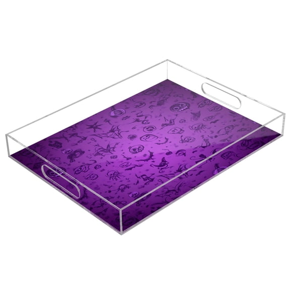WOBOGO Acrylic Serving Trays 15.7x11.8 Inch Spill Proof Clear Decorative Organizer with Handle Purple Halloween Background
