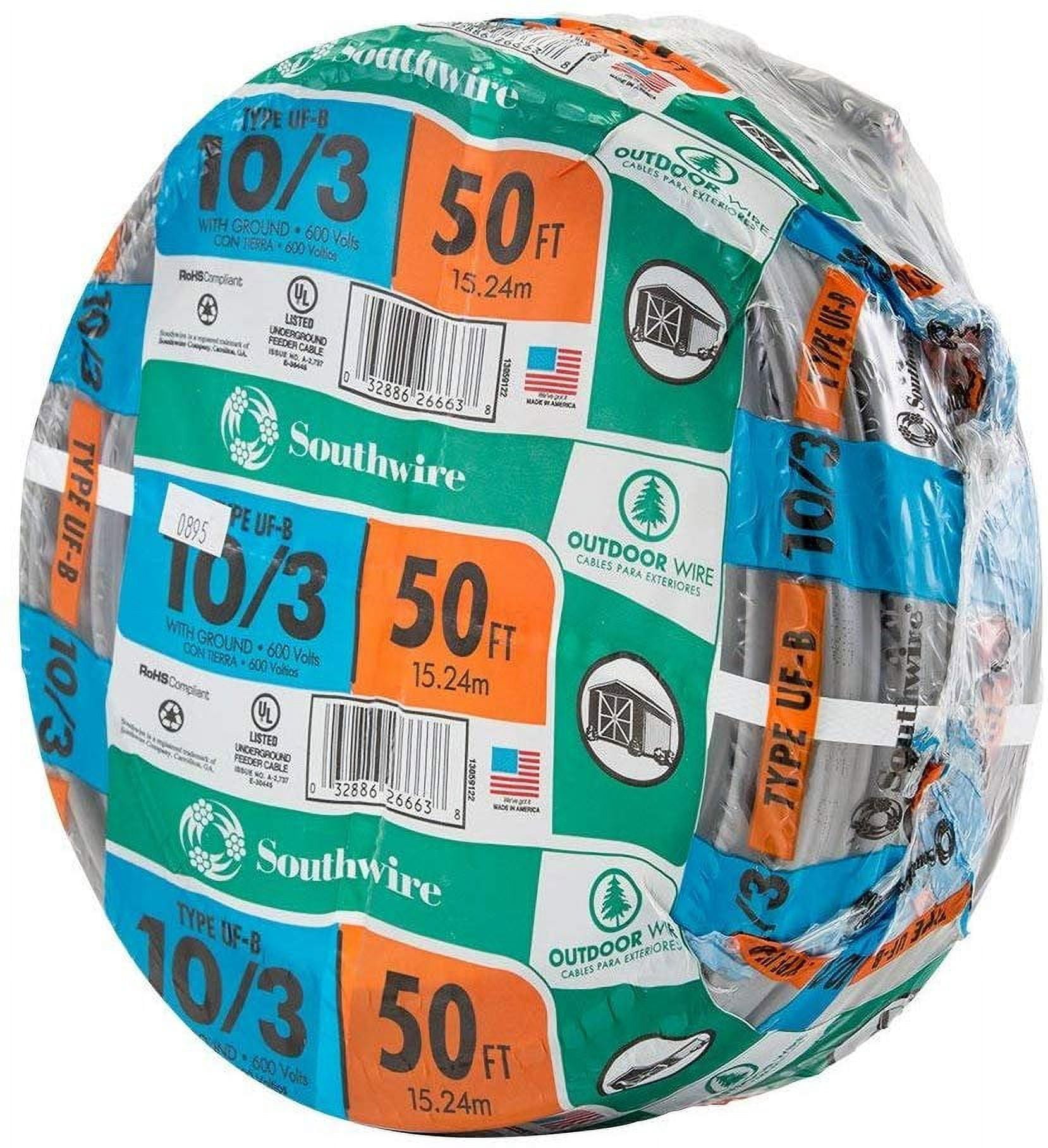 Southwire Romex SIMpull 10/3 UF-B Building Wire - Copper, PVC Jacket - 50 Ft — Indoor & Outdoor Use, NEC-Compliant