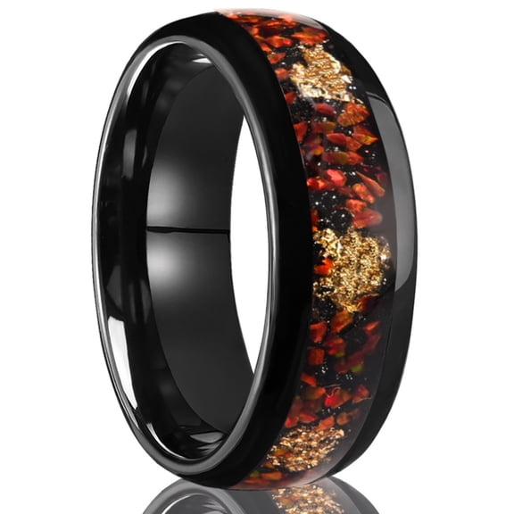8mm Wide Tungsten Carbide Black Ring with Red Opal and Gold Foil Inlay Tungsten Couple Ring