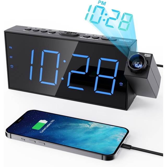 Projection Alarm Clock for Bedroom,LED Digital Clock Projection on Ceiling Wall with USB Phone Charging,Battery Backup,180°Projector& Dimmer,12/24H,DST,Snooze,Dual Loud Bedside Clock for Heavy Sleeper