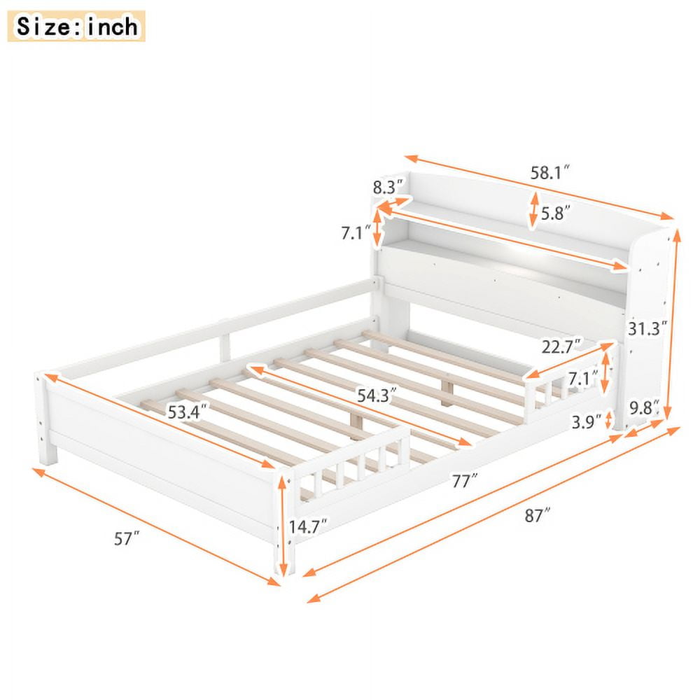 HICOMILA Full Size Bed with Safety Guardrails and Storage Headboard, Wood Platform Bed Frame with Shelves and Built-in LED Light, Antique Grey