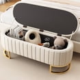 thumbnail image 2 of Velvet Storage Ottoman with Flip Top, Modern Upholstered Storage Bench with Gold Metal Base, Multifunctional Foot Rest Stool for Living Room, Bedroom, Entryway, Beige, 2 of 9