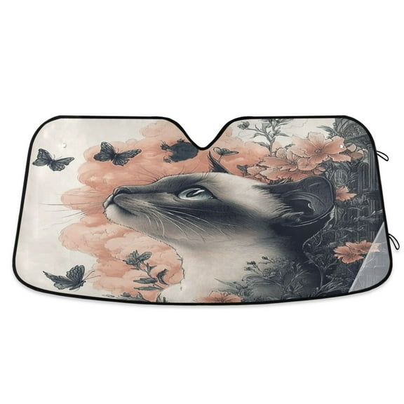 Qxltty Siamese Cat with Flower Car Windshield Sunshades Foldable UV Rays Sun Visor Protector Keep Your Vehicle Cool 53×23.5in