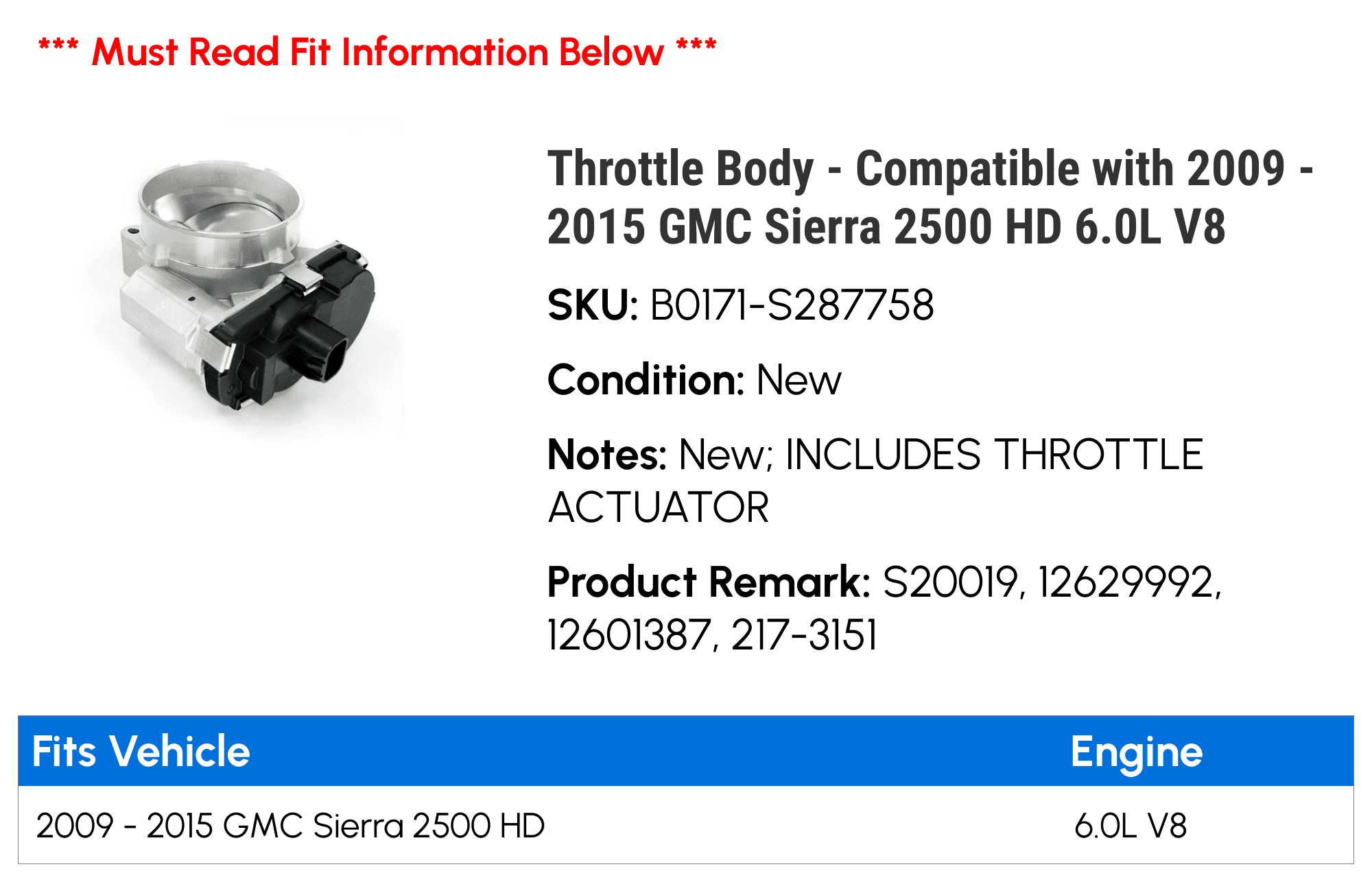 Throttle Body - Compatible with 2009 - 2015 GMC Sierra 2500 HD 6.0L V8 2010 2011 2012 2013 2014