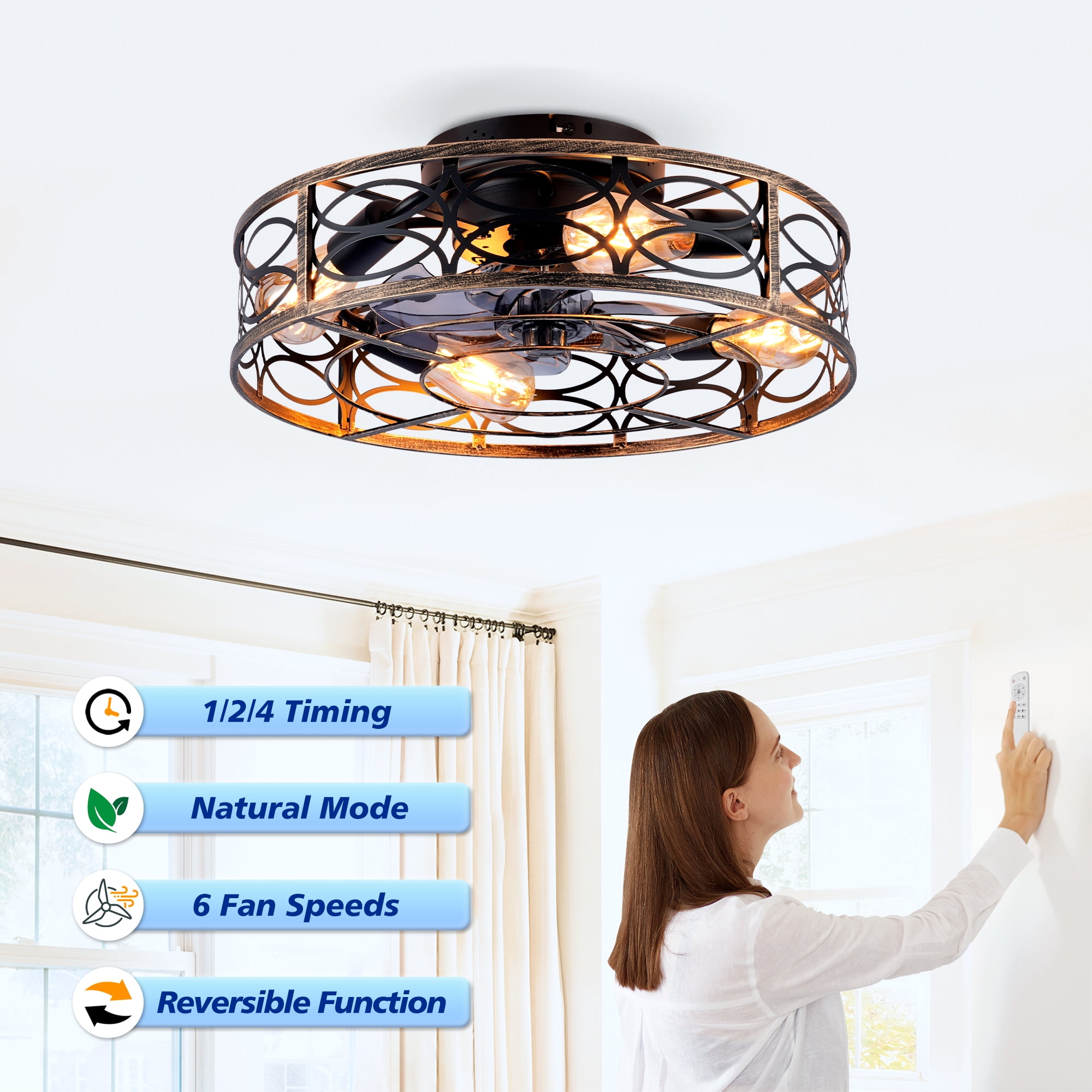 Leumius 20" Low Profile Caged Ceiling Fans with Lights and Remote, Farmhouse Flush Mount Ceiling Fan with 6 Speeds Reversible Motor for Living Room Bedroom Dining Room(NOT Included Bulbs)