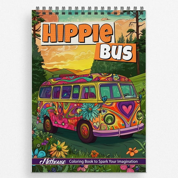 NETHOUSE Hippie Bus Coloring Book For Adults Relaxation & Stress Relief, 30 Coloring Pages Featuring Groovy Hippie Buses, Peaceful Road Trips, Psychedelic Patterns, and Retro Floral Designs