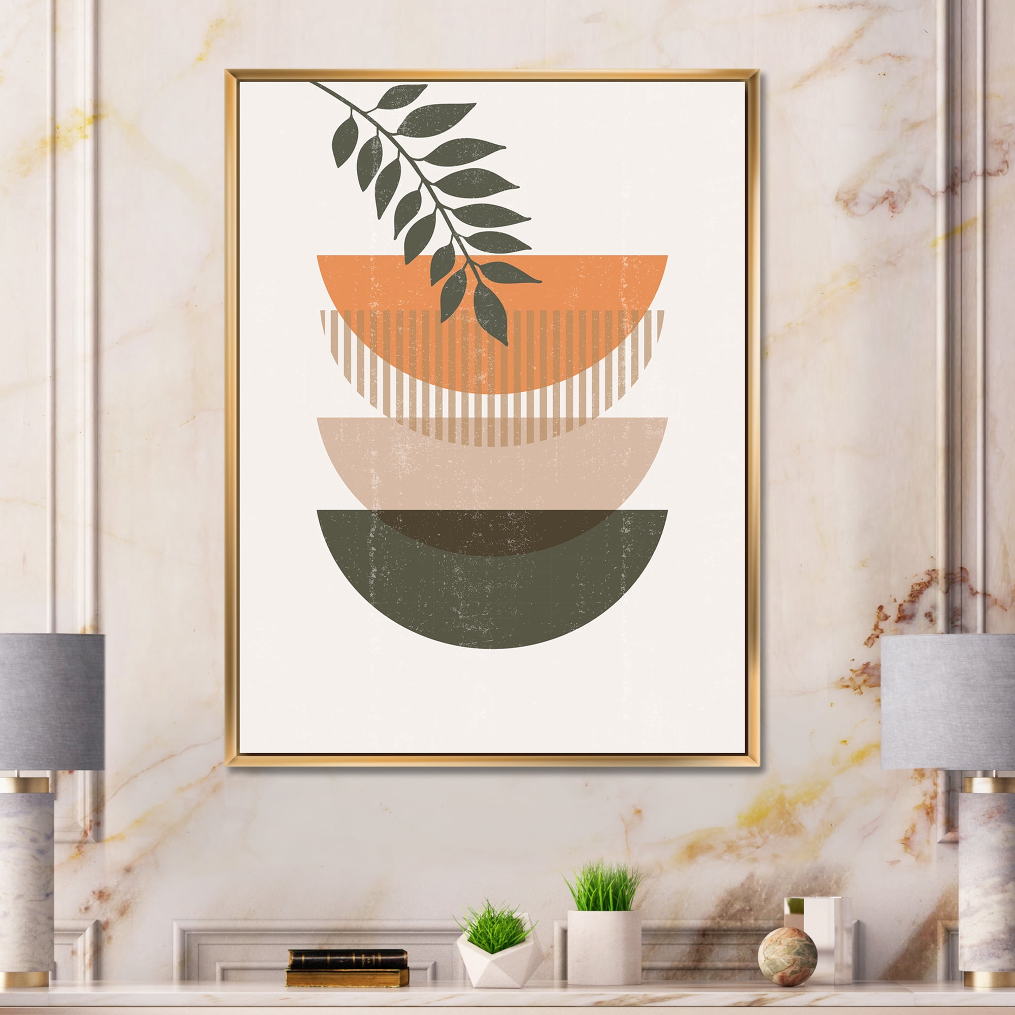 Designart 'Abstract Geometrical Moon and Sun With Leaf II' Modern Framed Canvas Wall Art Print