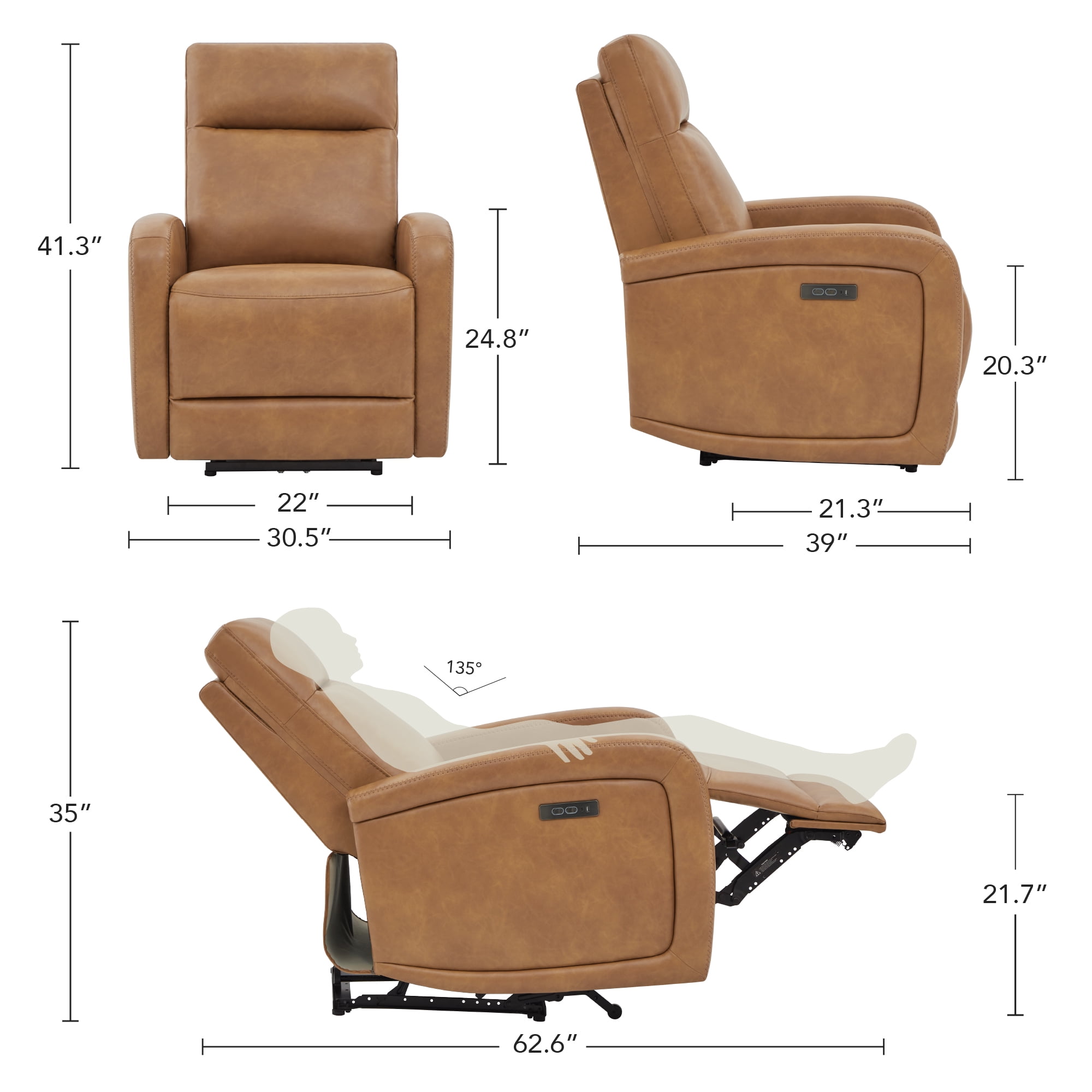 Spruce & Spring Zero Wall Hugger Power Recliner for Compact Spaces, Cognac-Faux Leather