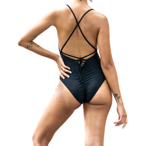 Women's Black Crisscross Low Back Ruche One Piece Swimsuit, M