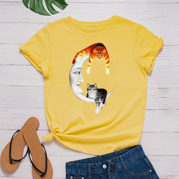 ICHUANYI Clearance Women's Fashion Casual Loose Print Round Neck T-Shirt(Yellow, L) ICHUANYI WER2023081014537