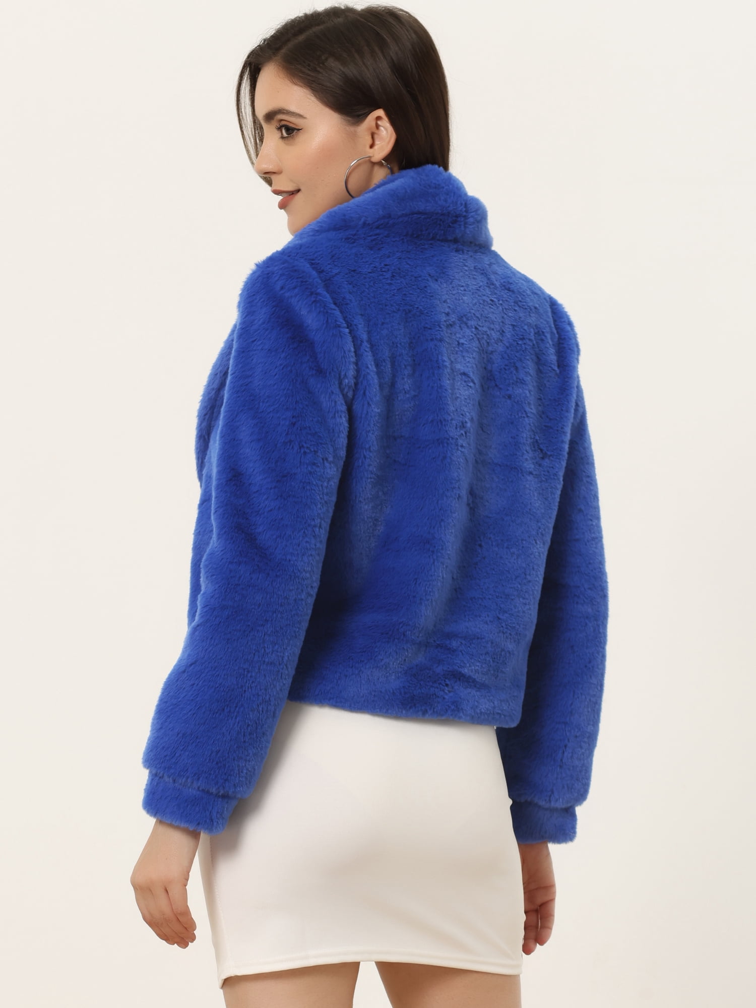 DARING DIVA Women's Notched Lapel Open Front Fleece Cropped Coat S Royal Blue