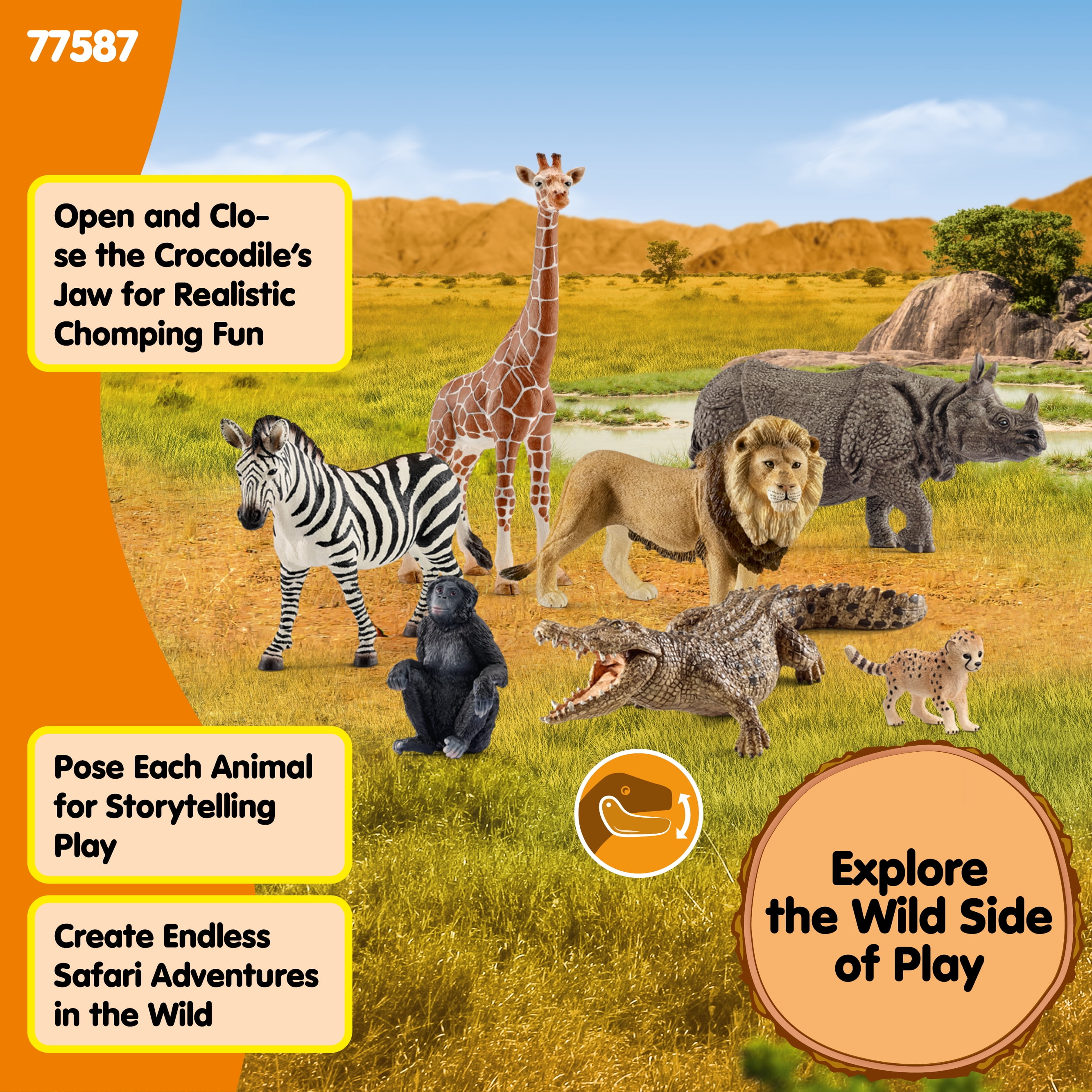 Schleich Animals Wild Life Safari Animals Figures 7-Piece Animal Figurines Set with Lion, Giraffe, Zebra, Bonobo, Rhino, Crocodile and Cheetah Cub Toy