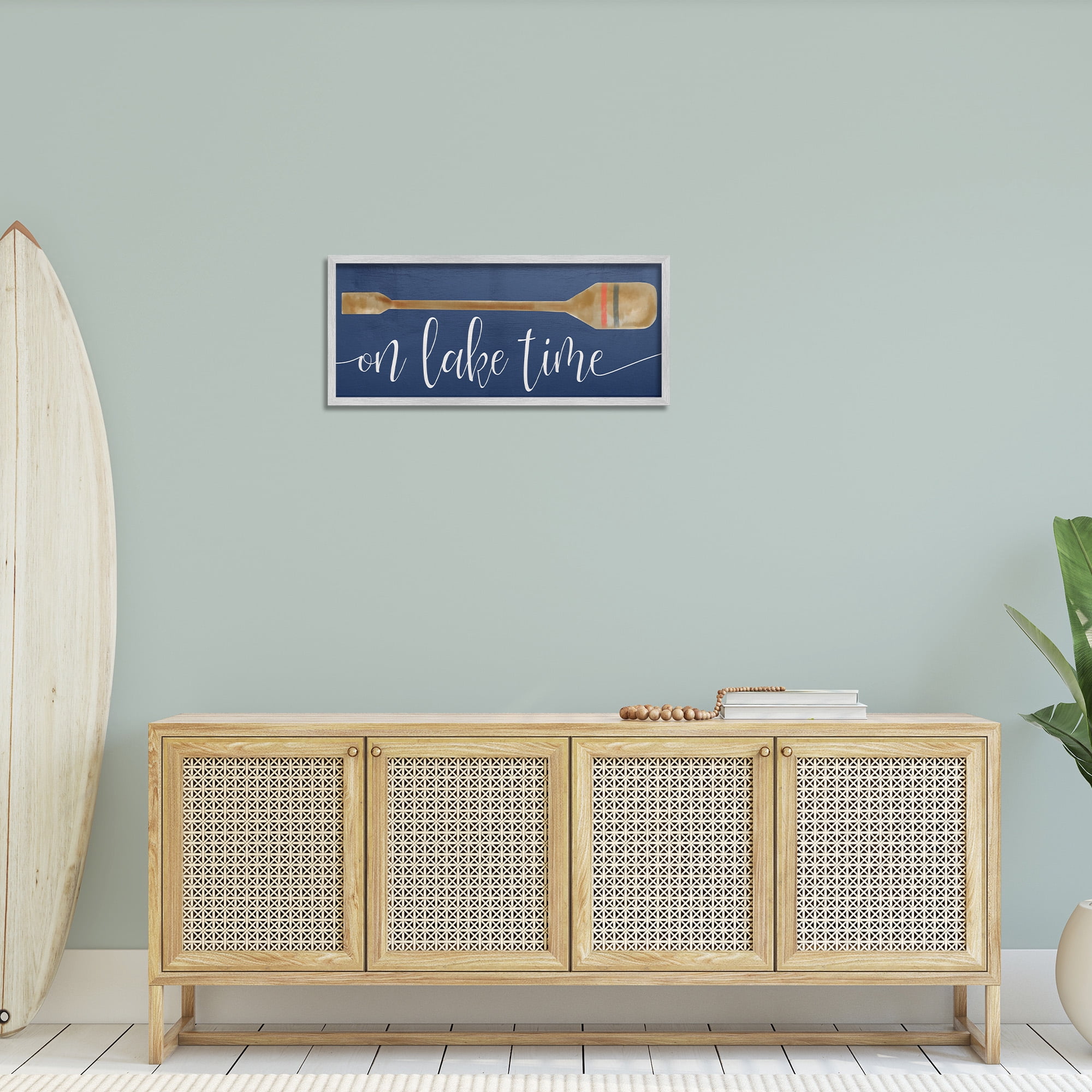 Stupell Industries On Lake Time with Oar Typography Painting Gray Framed Art Print Wall Art, 30 x 13