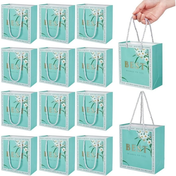 24 Pcs Gift Bags with Handles 2.8x5.5x5.9inch Kraft Paper Gift Bags with Best Wishes To You Words Party Favor Bags Reusable Gift Bags for Business Shopping Wedding Birthday Party Turquoise