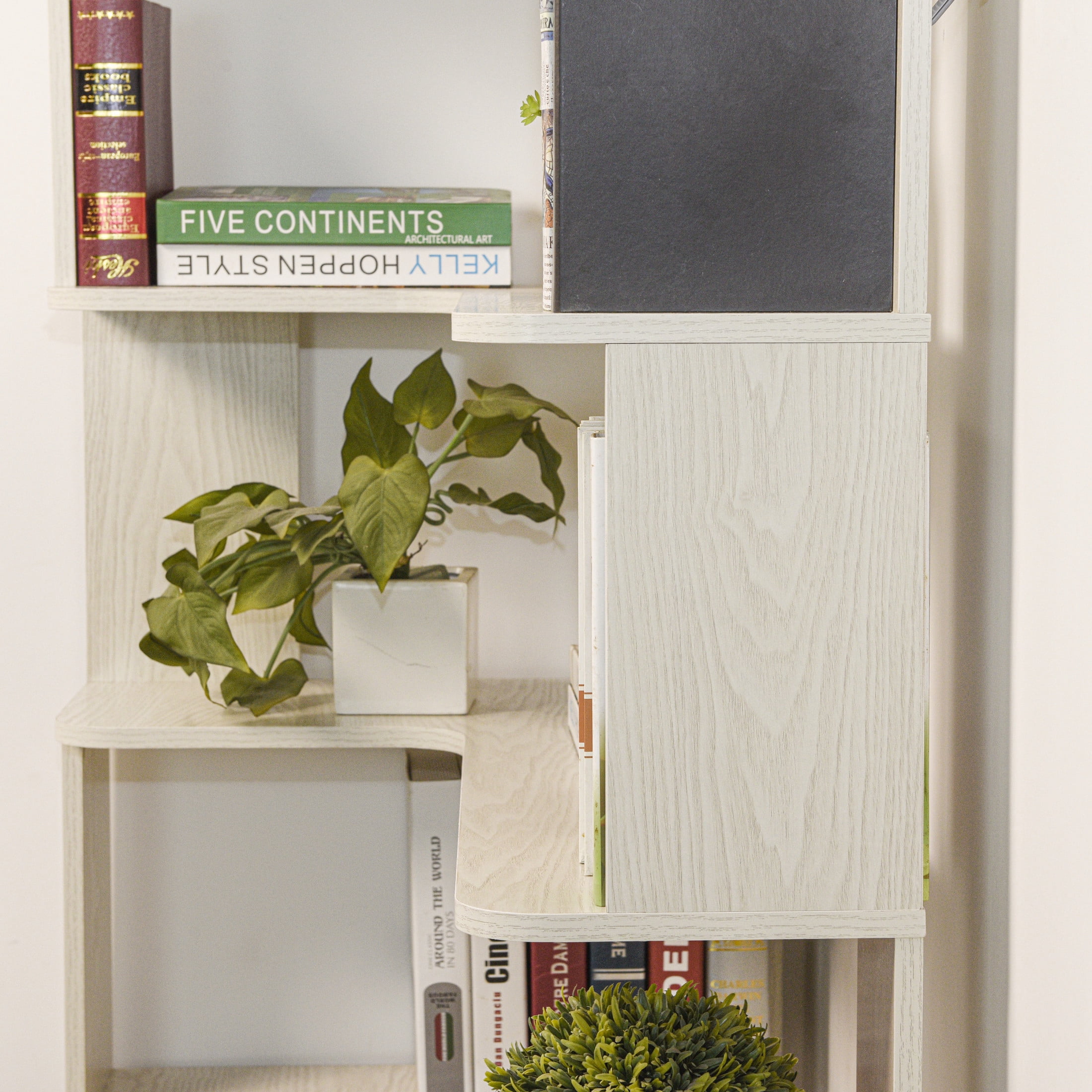 GDF Studio Derwin 5-Tier Corner Bookshelf, L-Shaped Wooden Bookcase for Living Room, Home Office, White Oak