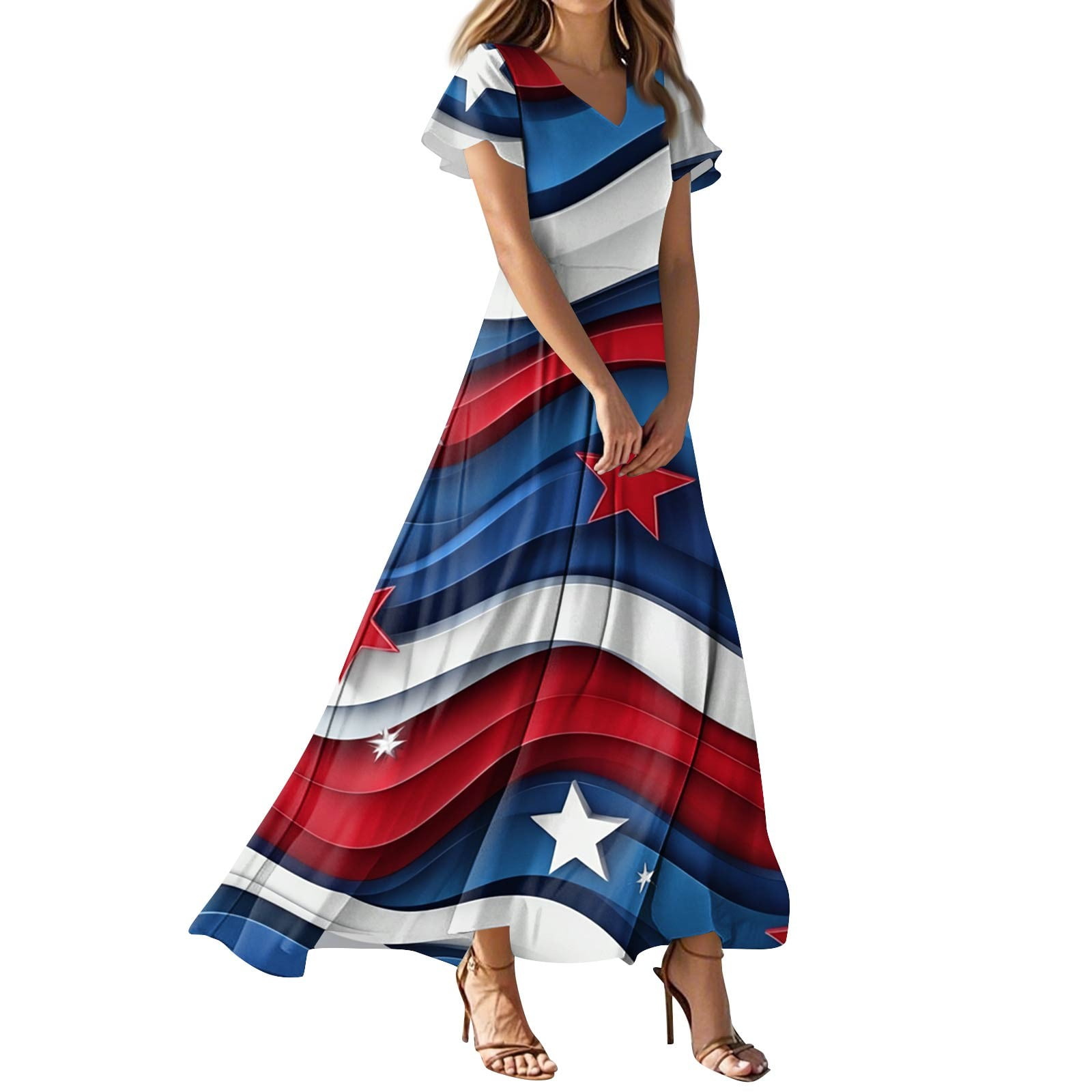 SAATLERI Red White and Blue Dress for Women Flowy American Flag Dress A-Line High Waist V Neck Short Sleeve 4th of july Summer Long Dresses