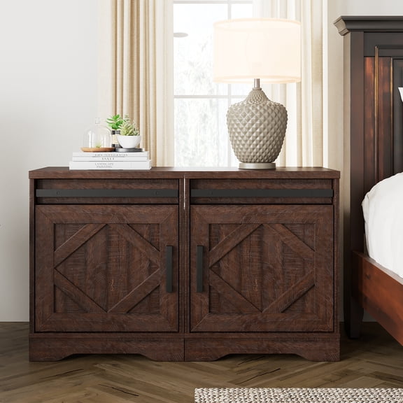 WAMPAT End Table set of 2, Pedestal Side Table with Drawer and Cabinet Wood Bedside Table Nightstands for Living Room Bedroom,Rustic Brown