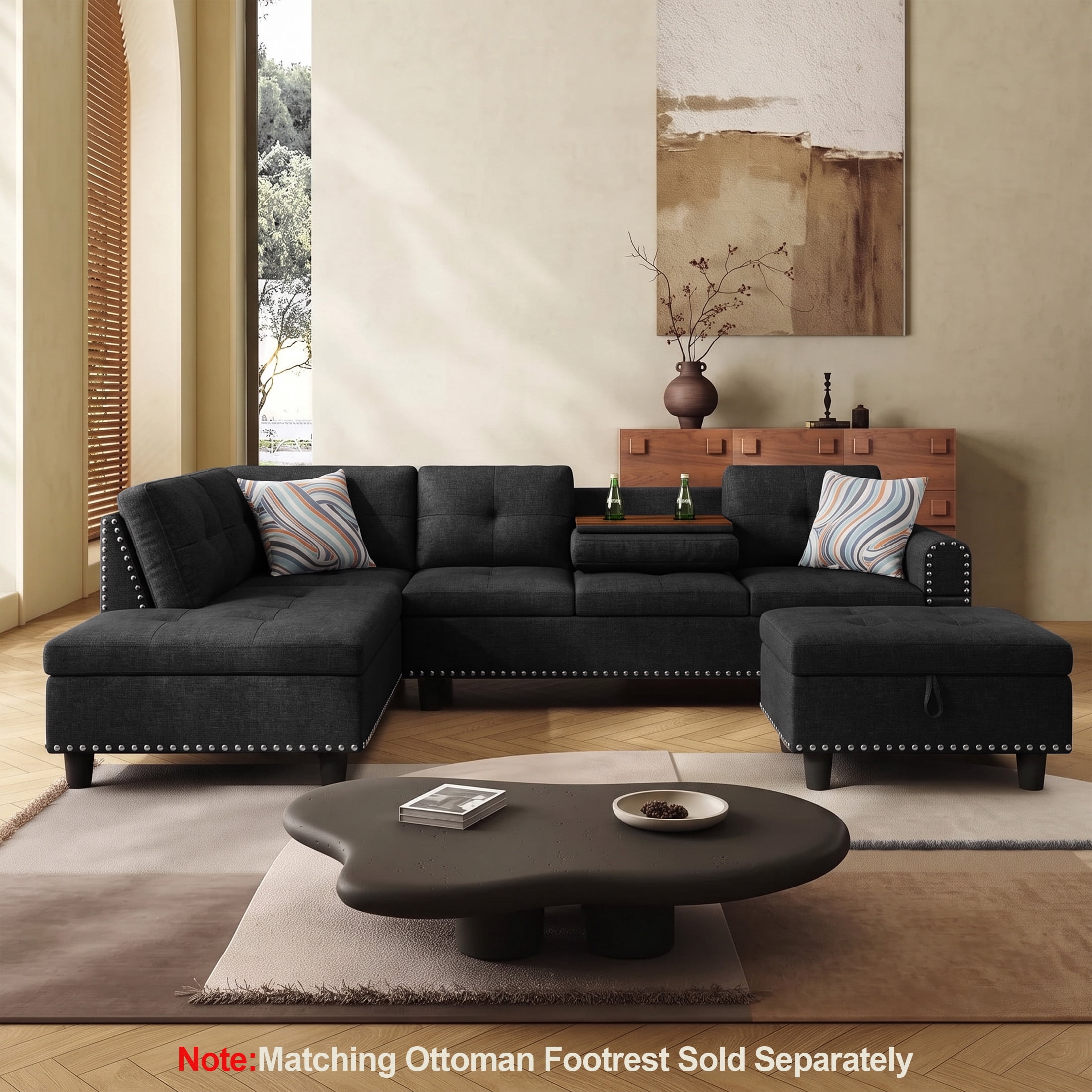 AENKYO 98" L-Shaped Sectional Sofa with Reversible Chaise and Cup Holders, Linen, Black Gray