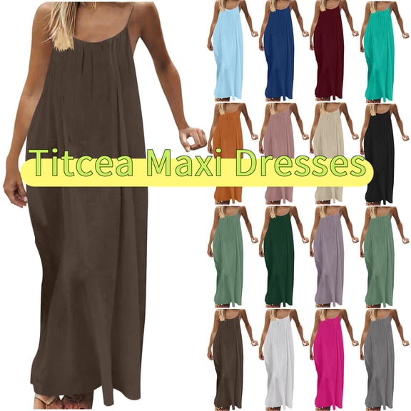 Titcea Maxi Dresses for Women Summer Backless Sleeveless Crew Neck Strappy Loose Dress Beach Vacation Long Cami Casual Dresses