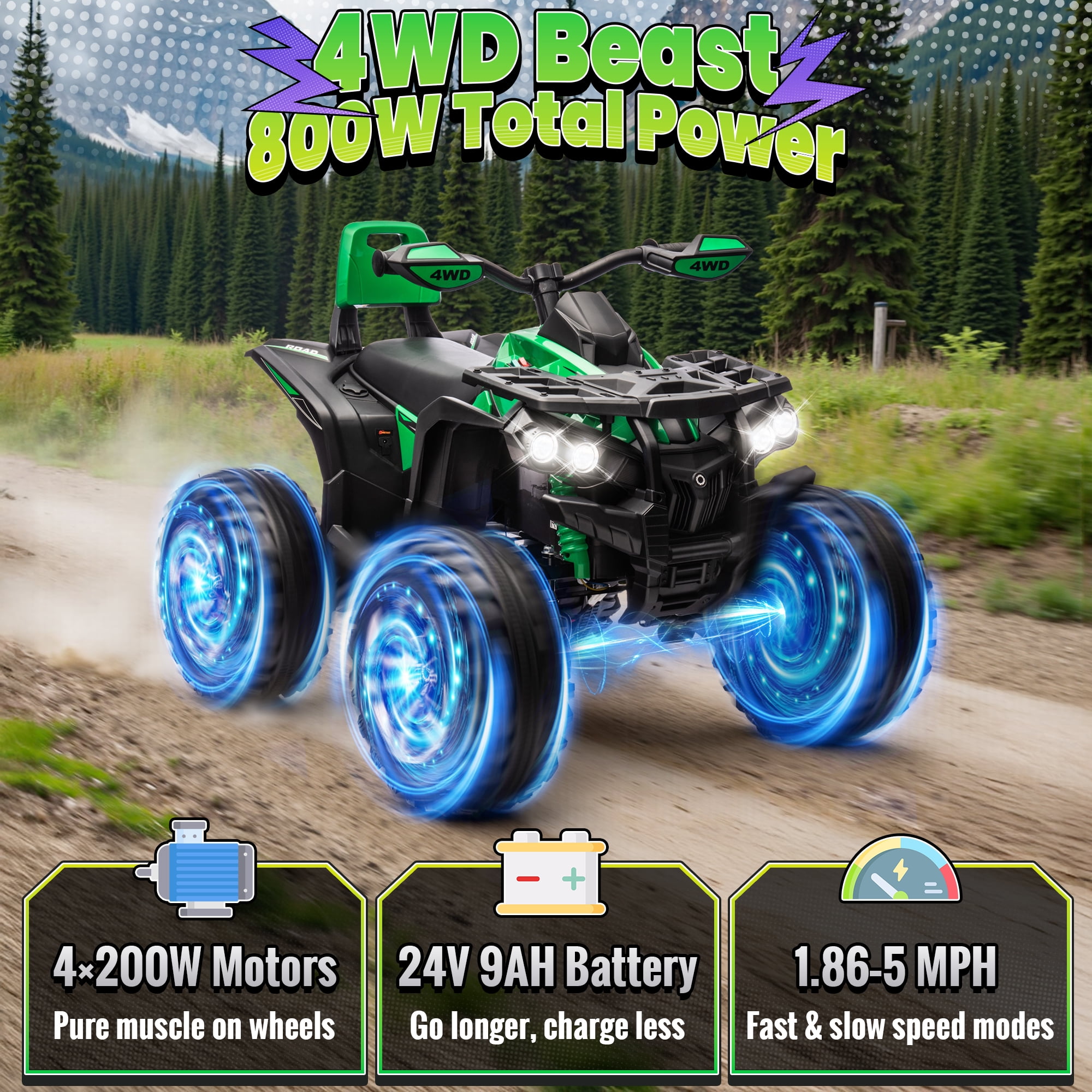 4WD 24 Volt Ride on Toys with Remote, Joyracer 4 Wheeler for Kids, Power Car Wheels, Toy Gift with Bluetooth Music, Horn, LED for Big Kids, Green