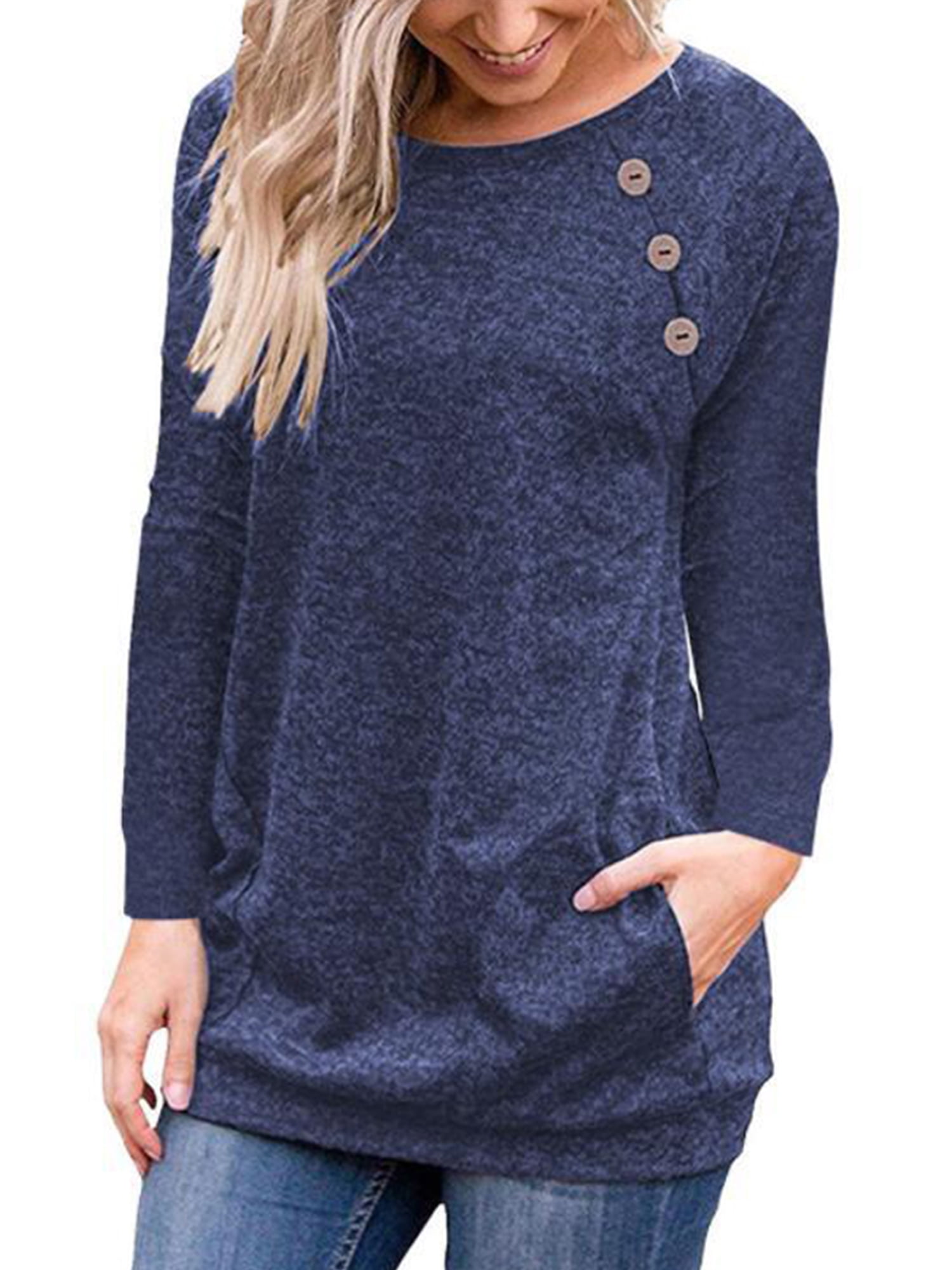 Womens Ladies Long Sleeve Pullover Sweater Buttons Jumper Loose Casual Tops Size
