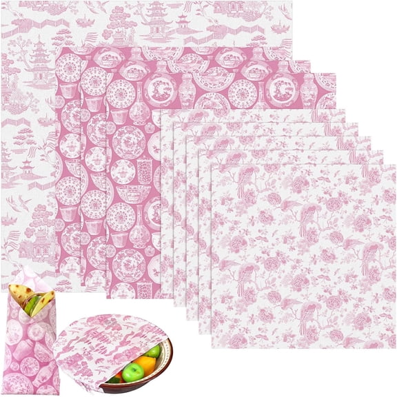 9 Pack Reusable Beeswax Wrap for Food Chinoiserie Beeswax Paper for Sourdough Bread Cheese Paper Wrapping Wax Cloth Food Wraps Bread Sandwich Wrapper 1 XL 3 Medium 5 S(Pink,Chinoiserie)