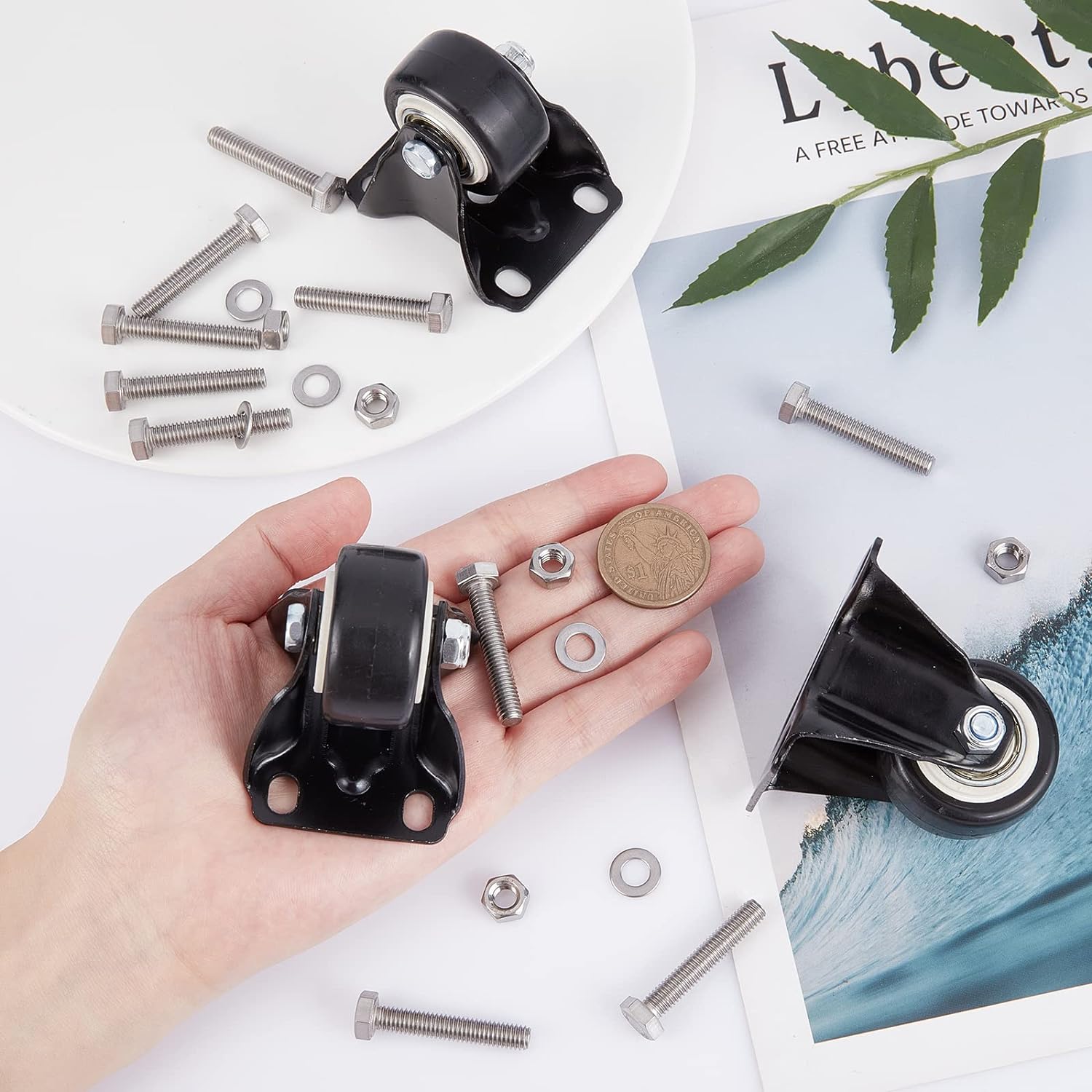 4Sets 1.6inch PU Fixed Caster Wheels Black Casters Set with 48Pcs Stainless Steel Screw Nut Sets Wheels for Furniture Workbench Office Swivel Chair