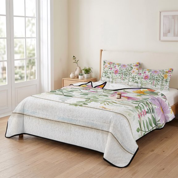 3 Piece Summer Bed Quilt Set Queen Size,Retro Floral Plant Leaves Lightweight Bedspread Coverlet with 2 Pillowcases Farm Flowers on Grey Wood Grain Soft Comforter Bedding Quilts for All Season