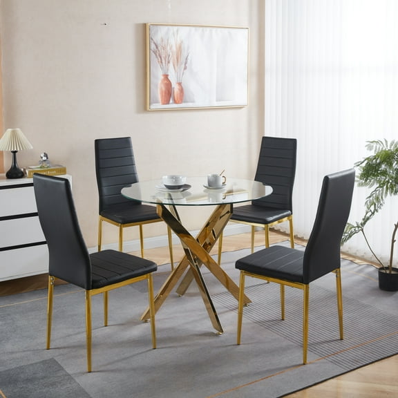 Youmumeub 5-Piece Mid-Century Dining Set for 4, Round Pedestal Table with Glass Top and 4 Black Chairs with Gold Metal Legs, Modern Kitchen & Dining Room Furniture