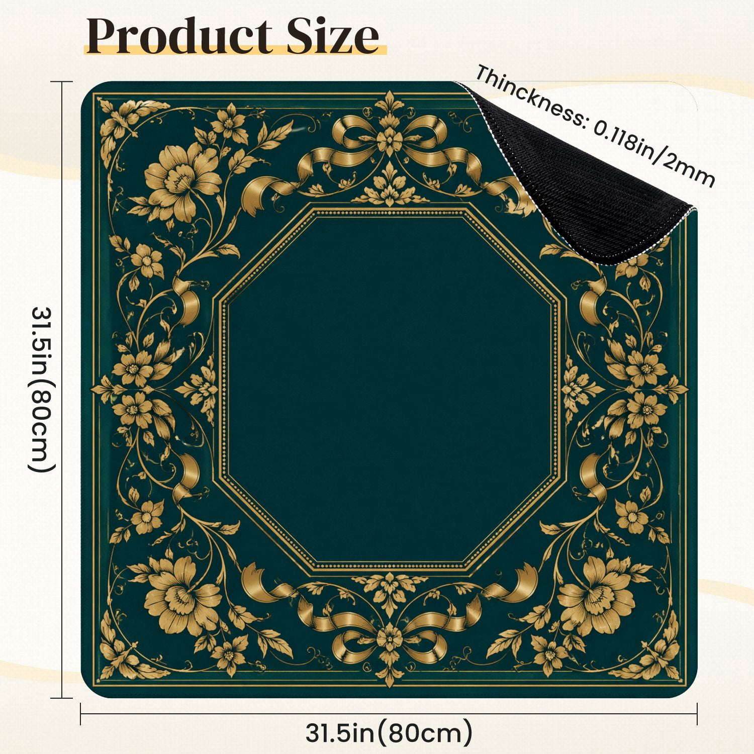 Mahjong Mat 31.5" x 31.5" Elegant Dark Green Gold Floral Ornamental Frame Ribbons Border Non-Slip Noise Reduction Mahjong Tiles Table Cover for Dominoes Poker Card Board and Tile Games