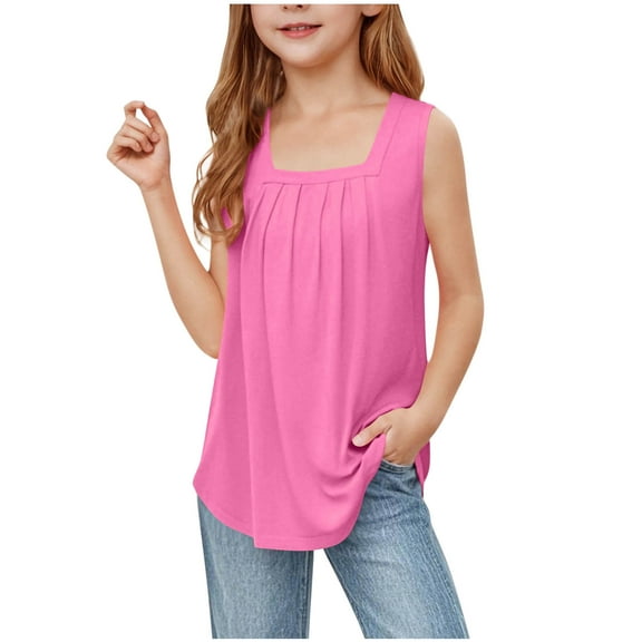 Taqqpue Girls Tank Tops Kids Summer Square Neck Sleeveless Shirts Casual Cute Loose Solid Color T Shirts for Kids 5-15 Years