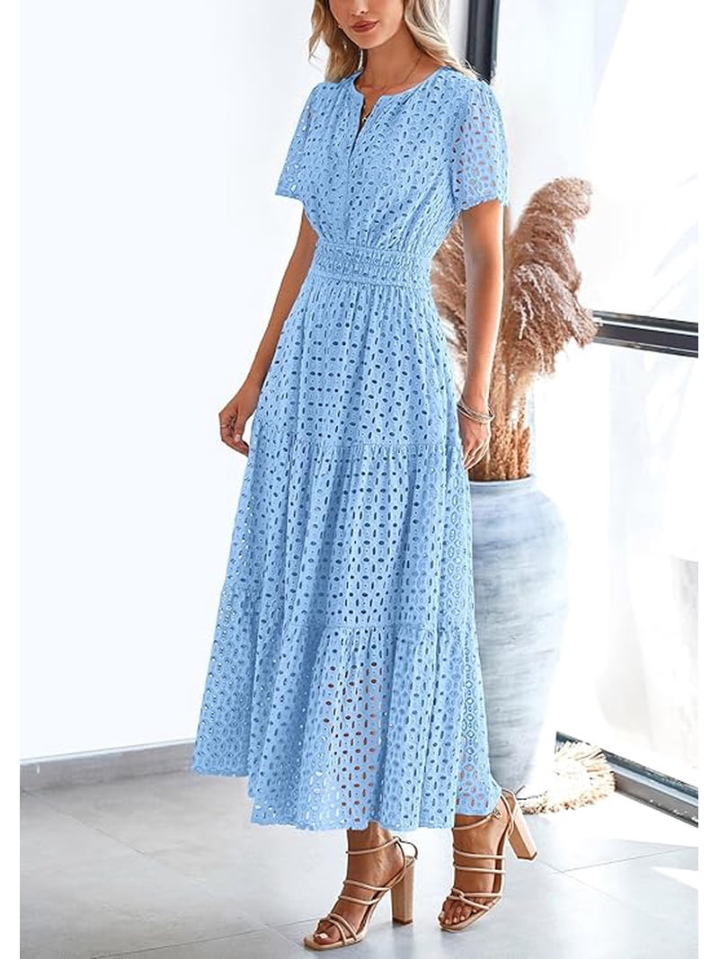 summer short maxi dresses HTNBO Women Summer Dresses Casual Flowy Beach Square Neck Short Sleeve Boho Floral Long Maxi Dress