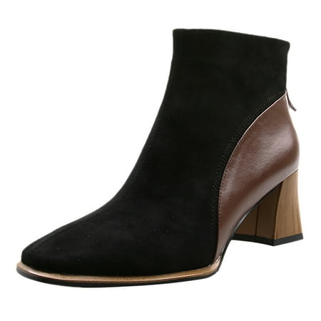 

Fashion Female Warm Boots Fashion Women Flock Solid Color Autumn Thick Sole Square Heels Zipper Short Booties Square Toe Shoes