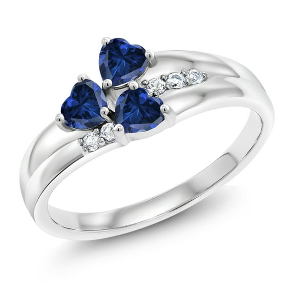 Gem Stone King 1.58 Cttw Blue Created Sapphire and White Created Sapphire 3-Stone Ring for Women | 925 Sterling Silver | Heart Shape 4MM | Wedding Engagement Anniversary Promise Ring | Size 9