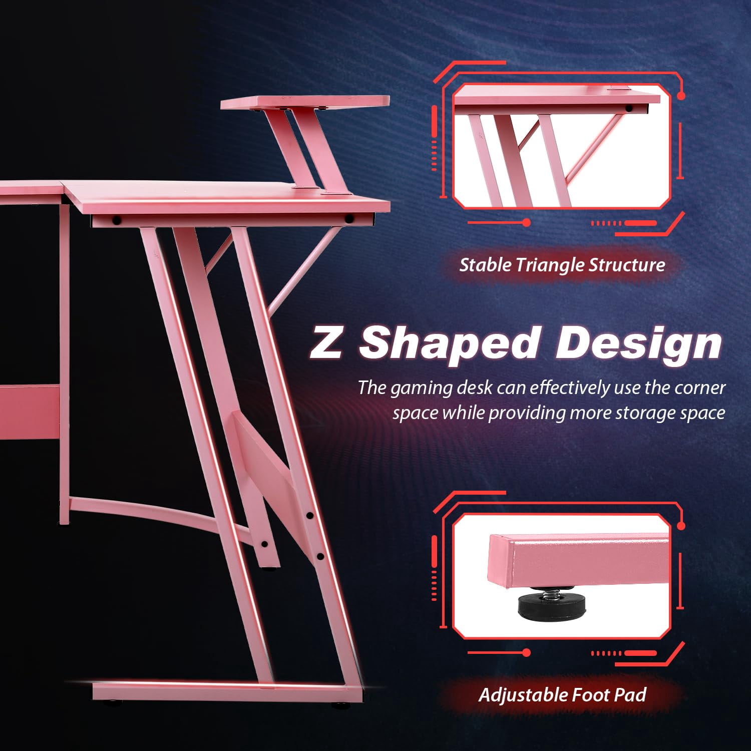YRLLENSDAN L Shape Gaming Desk Table, 50 Inch Corner PC Gaming Desk with Monitor Stand, L-Shaped Computer Desk Table, Gamer Work Desk for Home Office, Pink
