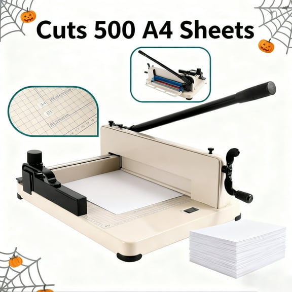 Heavy Duty Guillotine Paper Cutter, Stack Paper Trimmer A4-12'' Paper Cutter, 500 Sheet Capacity, High Speed Steel, Safety Lock, Anti-Slip Clamp, for Office Home & Cutting Paper, Polyester