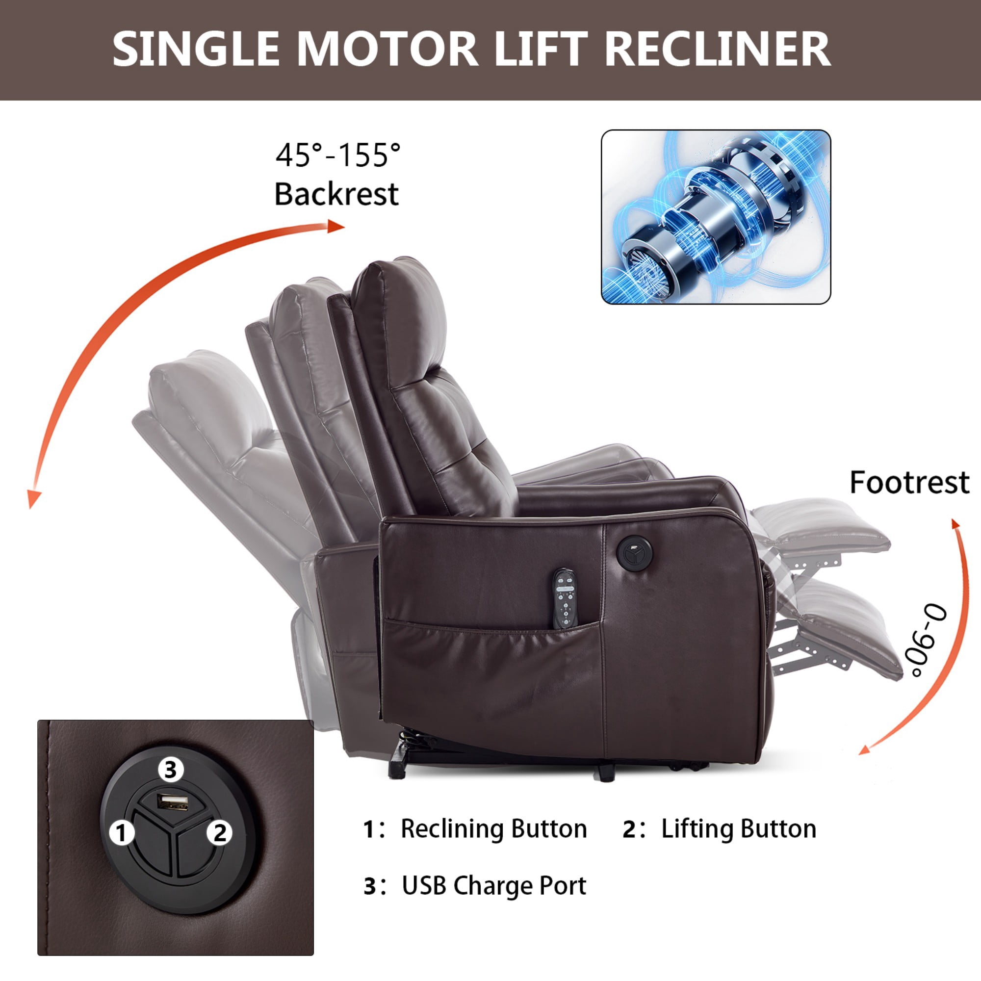 Aukfa Leather Power Lift Recliner Chair for Elderly, Single Motor Electric Chair with Massage, Heat & USB Charging Port, Dark Brown