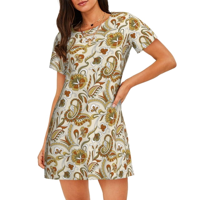 Balery Indian Paisley Camisón de manga corta con cuello redondo para mujer, cómodo y elegante.