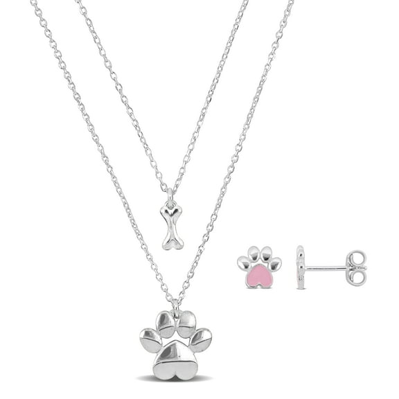 Everly Women's Sterling Silver Paw and Bone Stud Earrings and Necklace Set - 16 18 1 in