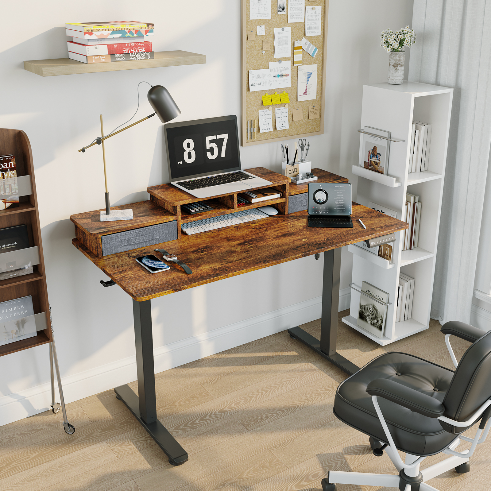 Erinnyees 48" x 24" Electric Standing Desk with 2 Drawers & Storage Shelf, Adjustable Height Sit Stand Computer Desk for Home Office