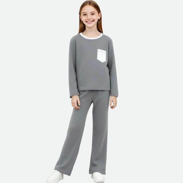 Conjuntos de blusas y camisas de cuello redondo y manga larga para niños Invierno Conjunto de dos piezas de ropa de casa de color liso Camisas de manga larga Pantalones largos y pijamas Top de poliést